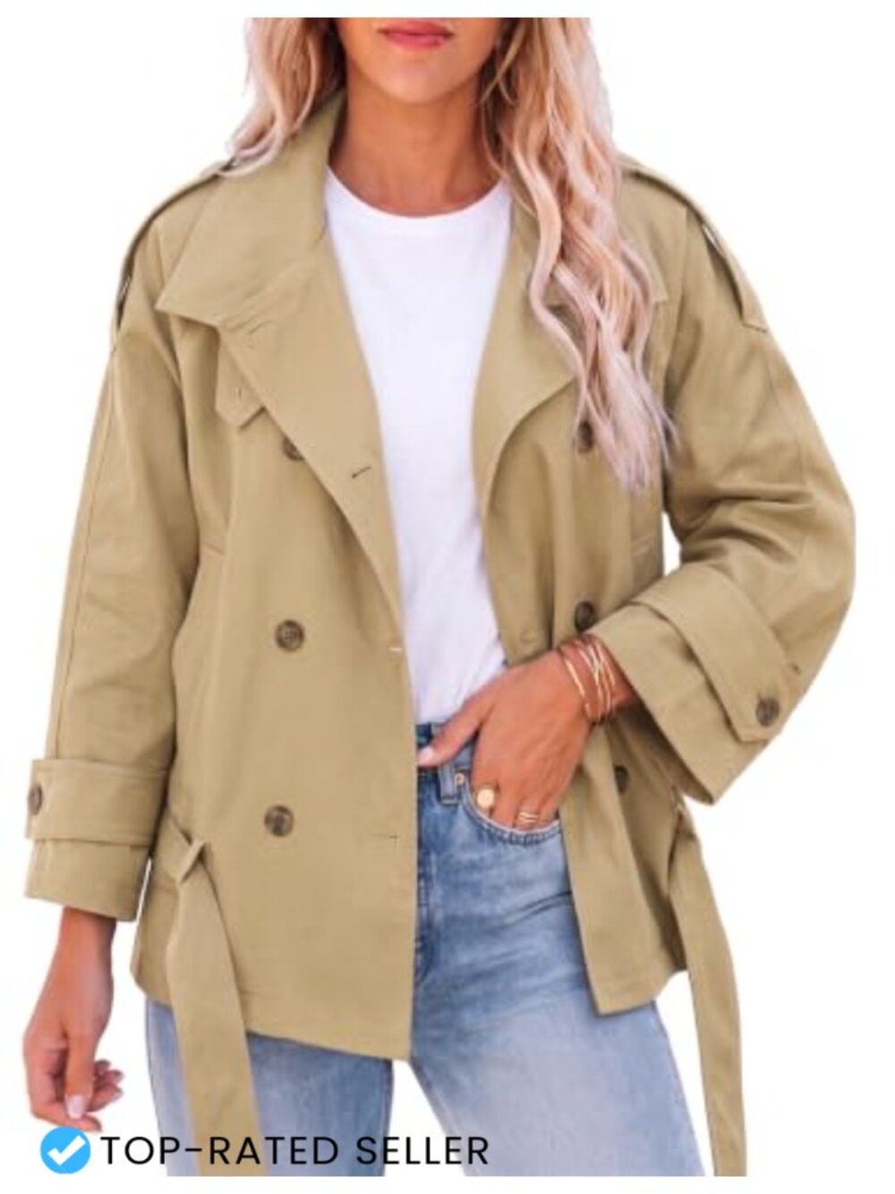 Womens Cropped Trench Coat Double Breasted Belted Jacket